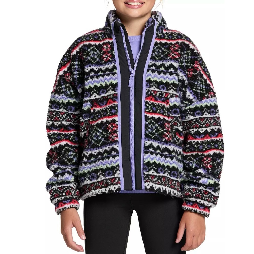NWT DSG Cozy Fleece Full Zip Jacket Funky Fair Isle Pattern Girls Size med 10 12